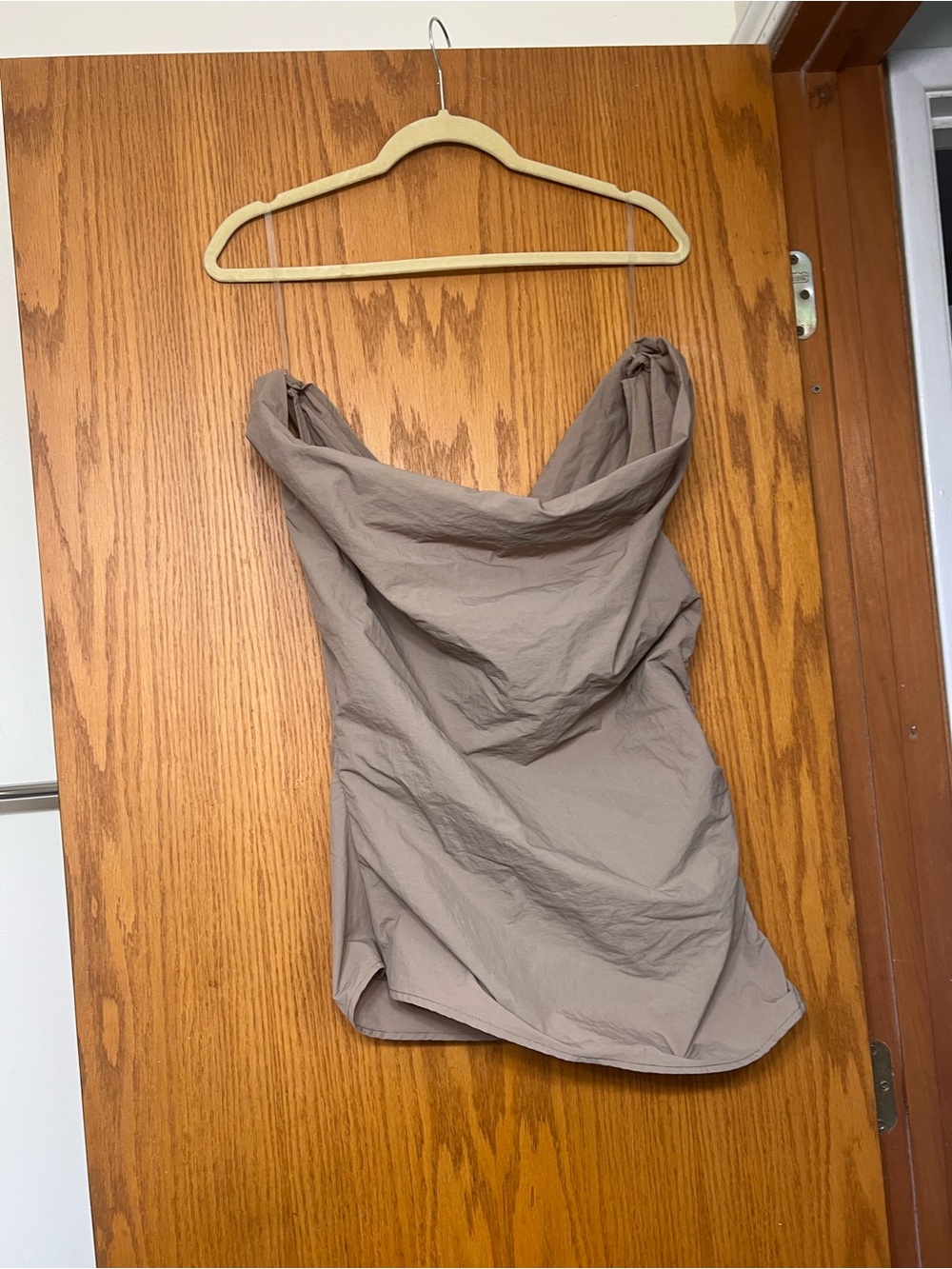Bayse Strapless Cowl Neck Bandeau Top in Taupe